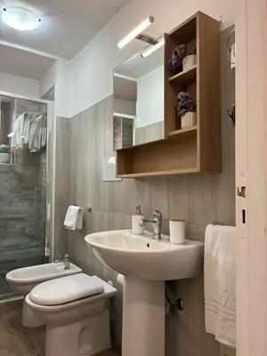 a bathroom with a sink and a toilet and a mirror at Claudio House Palermo in Palermo