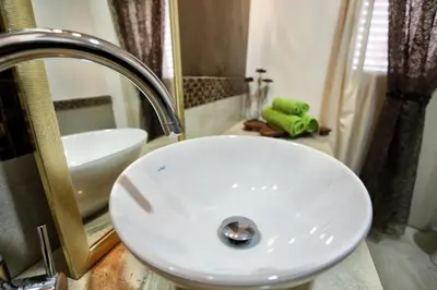 a white bathroom sink with a green frog sitting on a counter at Casa Le Nereidi in Castellammare del Golfo