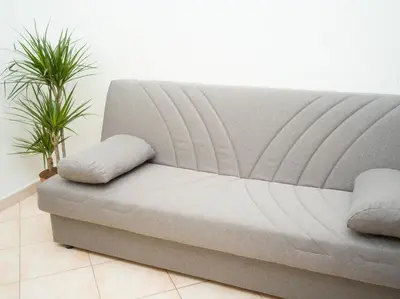 a couch in a room with two plants at Isola delle Femmine - Casetta del Pescatore in Isola delle Femmine