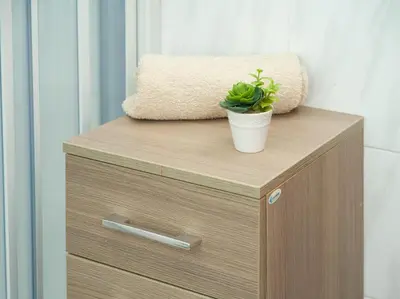 a plant sitting on top of a wooden cabinet at Isola delle Femmine - Casetta del Pescatore in Isola delle Femmine