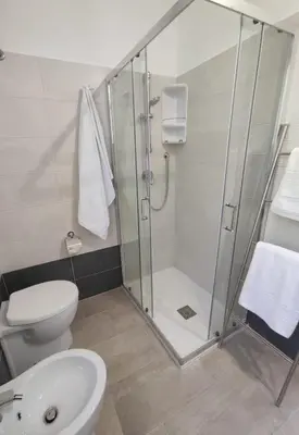 a bathroom with a shower and a toilet and a sink at Tacco e Punta bed&breakfast in Grisi
