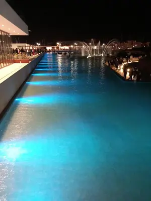 a large pool of blue water at night at A casa scalilla 2 in Palermo
