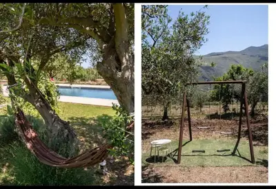 two pictures of a hammock in front of a tree at VILLA AZUL in Castellammare del Golfo