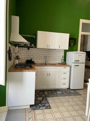 a kitchen with white appliances and green walls at Appartamento Vento D'Estate in Bagheria