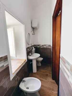 a bathroom with a sink and a toilet and a mirror at Monteleone rooms in Palermo