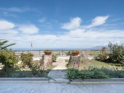 a garden with trees and potted plants and the ocean at Villa Moon Total Relax in Alcamo