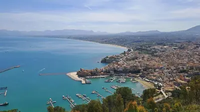 an aerial view of a city and a harbor at Vista sul mare e splendido terrazzo in Castellammare del Golfo