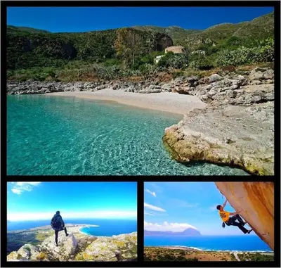 three pictures of a beach with a man standing in the water at VILLA FLAMINIA - con piscina privata in San Vito lo Capo