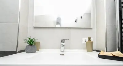 a bathroom with a white sink and a mirror at Modern House Orleans in Palermo