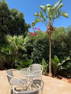 a table and two chairs and a palm tree at Villa La Palmetta a San Vito lo capo in San Vito lo Capo