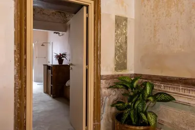 a hallway with a mirror and a potted plant at Palazzo Sant'Isidoro by DomuSicily in Palermo