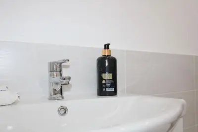 a black bottle of soap sitting on a bathroom sink at Leone Guest House in Palermo