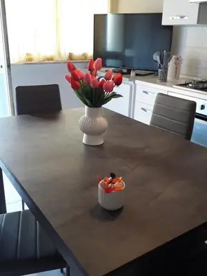 a vase of red tulips and a bowl of fruit on a table at La casa di Ross in Casteldaccia