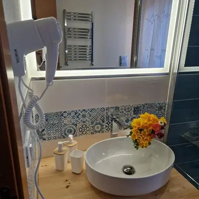 a bathroom sink with a blow dryer and flowers on it at Casa Kyla in Palermo
