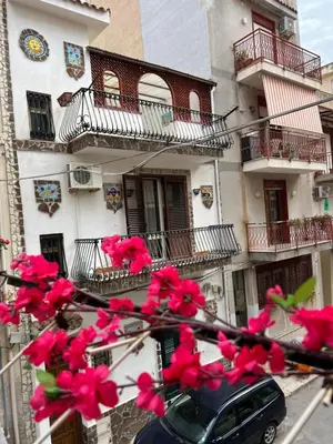a car parked in front of a building with pink flowers at Casa Sciàlari in Palermo