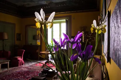 a vase filled with purple and yellow flowers in a room at La dimora del genio in Palermo
