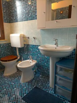 a blue tiled bathroom with a toilet and a sink at Menzel el Emir in Misilmeri