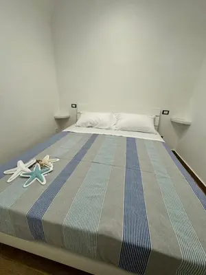 a bed with a blue and gray striped blanket and two starfish at Sicilia biedda casa vacanze in Terrasini
