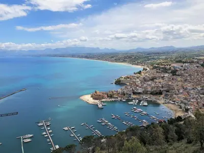 an aerial view of a harbor with boats in the water at Villa Le Muse by Interhome in Scopello