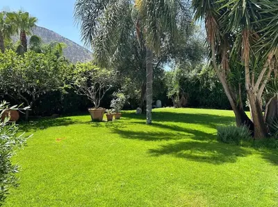 a green lawn with palm trees and a mountain in the background at Villa Lucia in Palermo