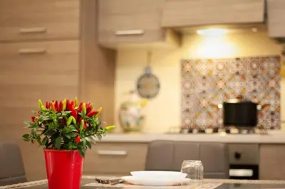 a red vase with red flowers on a table in a kitchen at Corso Alberto in terrazza Palermo in Palermo