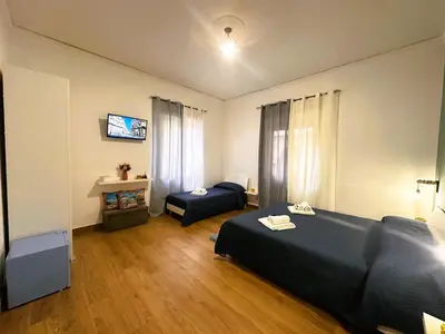 a hotel room with two beds and a television at Ai Papiri in Palermo