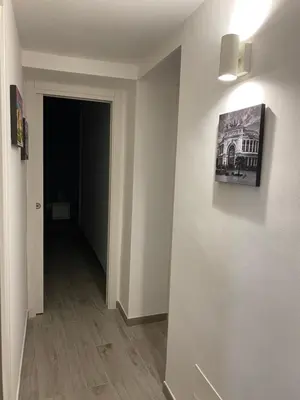 a hallway with a white wall with a picture on it at Orleans Apartment in Palermo
