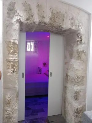 a room with a purple bed in a brick wall at Casa varco Santa Lucia in Palermo