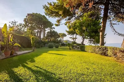 a grassy yard with trees and a fence at Alle due Torri, villa sulla roccia a picco sul mare in Altavilla Milicia