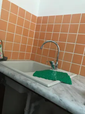 a sink with a green sponge sitting on top of it at Little house of Grandpa Antonio in Palermo