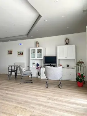 a living room with two chairs and a television at Villa due Scale in Palermo