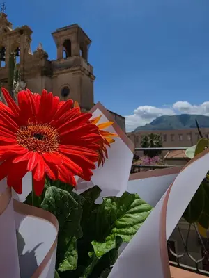 a red flower in a vase on a balcony at Le Terrazze Élite Apartment in Palermo