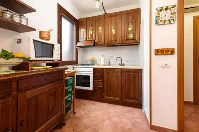 a kitchen with wooden cabinets and a sink and a microwave at I Tre Golfi - Pianeti in San Vito lo Capo