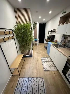 a kitchen with two rugs on the floor and a plant at Scillò House in Palermo