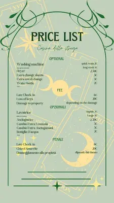 a poster of the price list of the star system at Casina Della Strega in Palermo