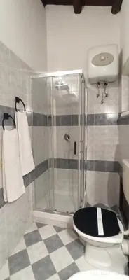 a bathroom with a shower with a black and white toilet at Jujube hortus apartment 4 in Palermo