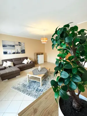 a living room with a couch and a potted plant at Appartamento Trinacria in Castellammare del Golfo