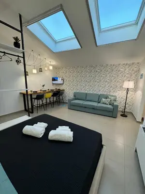 a living room with two towels on a black rug at ArcorosaApartment Palermo Centro in Palermo