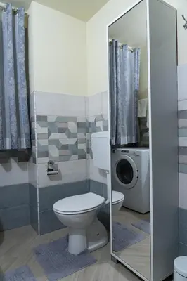 a bathroom with a toilet and a washing machine at Villa Serena - vasca idromassaggio in Borgetto