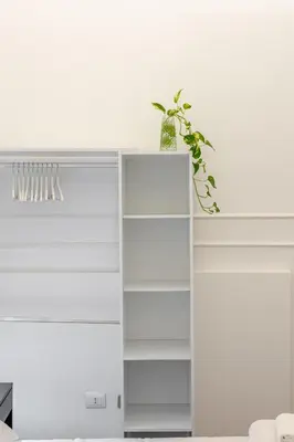 a white cabinet with a potted plant on top at Liberty Boutique Apartment in Palermo