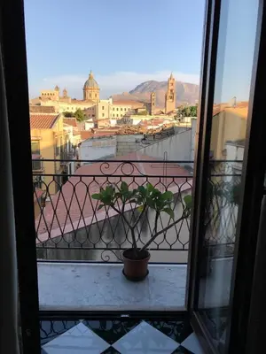 a view of a city from a balcony with a plant at Casa Rosa in Palermo