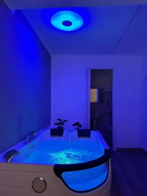a blue room with a tub with two plants in it at Lacasadelrelax in Monreale