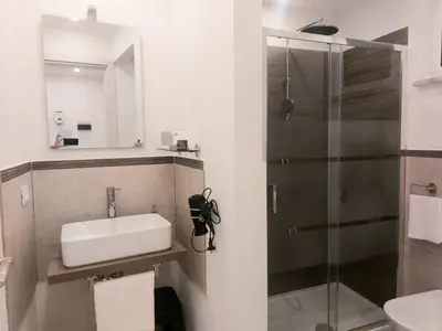 a bathroom with a sink and a shower at Murriali Apartment in Monreale