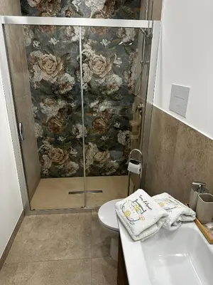 a bathroom with a shower with a toilet and a sink at Terra d'amuri Rooms in Terrasini