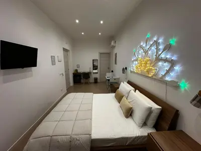 a bedroom with a large bed with a tv on the wall at Terra d'amuri Rooms in Terrasini