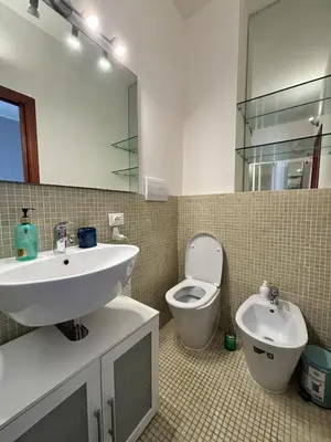 a bathroom with a sink and a toilet and a mirror at Teatro Massimo - Apartment with a View of Teatro Massimo in Palermo