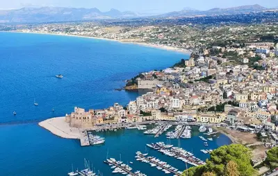 an aerial view of a harbor with boats in the water at 3 Bedroom Stunning Apartment In Alcamo in Alcamo