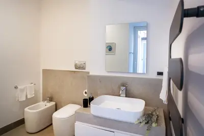 a bathroom with a sink and a toilet and a mirror at Lollo's Terrace Panoramic View in Palermo