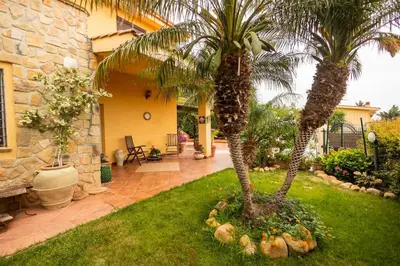 two palm trees in a yard next to a house at Villa Carmen in Mandra Capreria