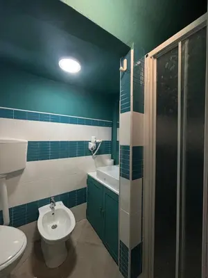 a blue and white bathroom with a toilet and a sink at Appartamento San Vito in Piana degli Albanesi